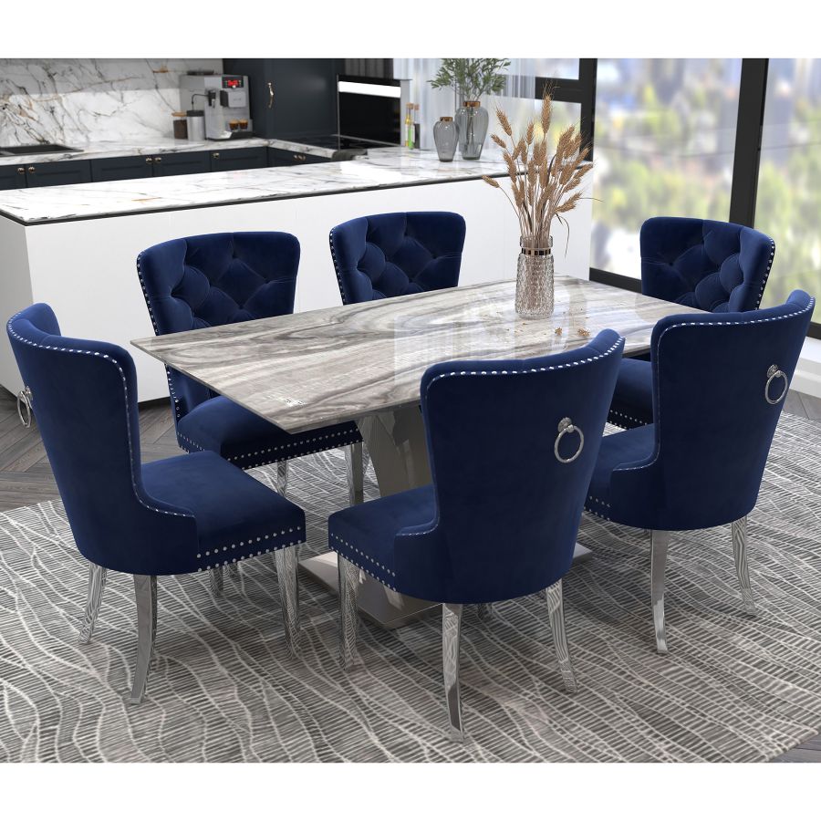 Napoli/Hollis 7pc Dining Set in Grey with Navy Chair