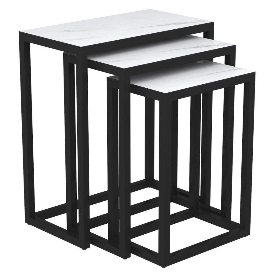 Manav 3pc Accent Table Set in Black and Faux Marble